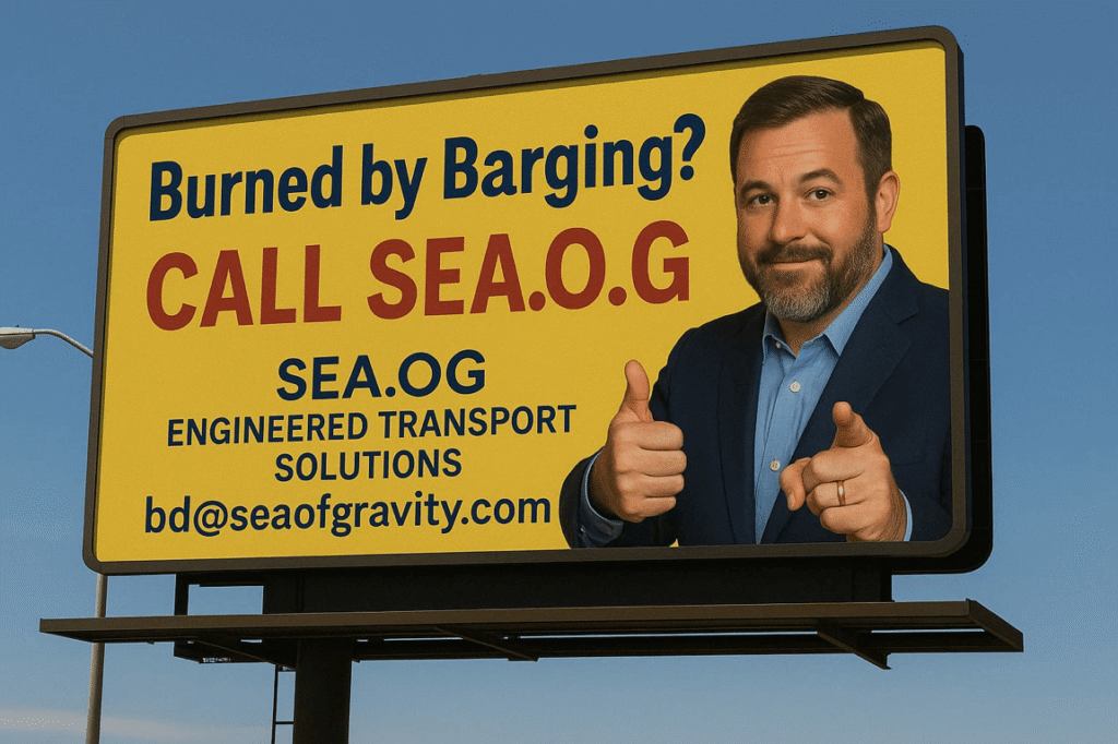 A billboard features a man in a suit giving double thumbs up. The sign reads: "Burned by Barging? CALL SEA.O.G. SEA.OG Engineered Transport Solutions bd@www.seaofgravity.com" on a yellow background (optimize barge operations).